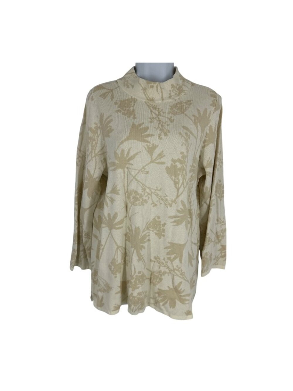 Susan Graver Beige Floral-Print Mock Neck Lightweight Pullover Sweater Size L